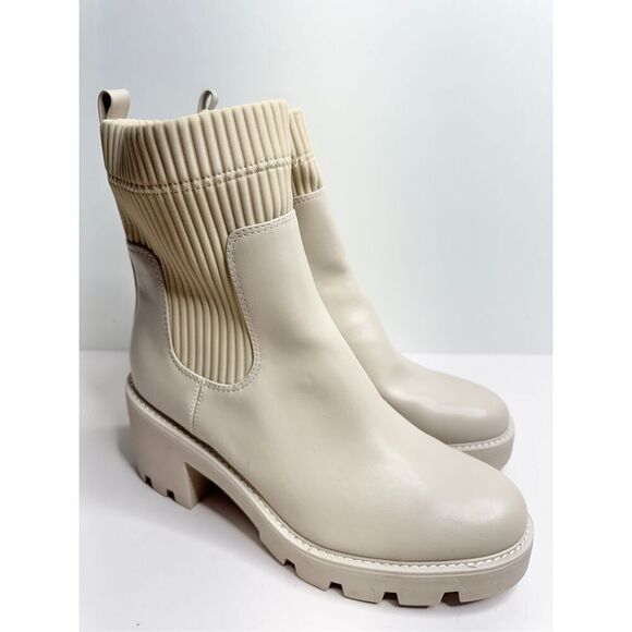Bar III Boots Cream Chunky Heel Size 11 Womens Ribbed Ankle Booties Side Zip - Picture 2 of 8